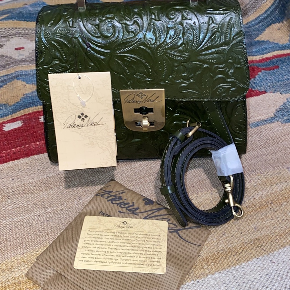 Patricia Nash Leather Tooled Chauny Soft Olive Green Crossbody Top Handle purse